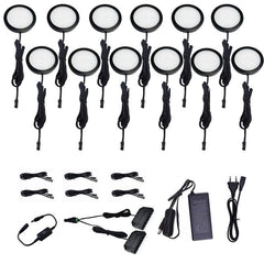 AIBOO Black Led Under Cabinet Lamp round 12 counter Lights Lighting Kit touch dimmer switch for cupboard Kitchen