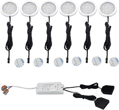 90-130V Triac Dimmable LED Under Cabinet 6 Puck Lights Kit with Hardwired Power Supply Unit for Kitchen Closet Acceent Lighting(Warm White,12W)