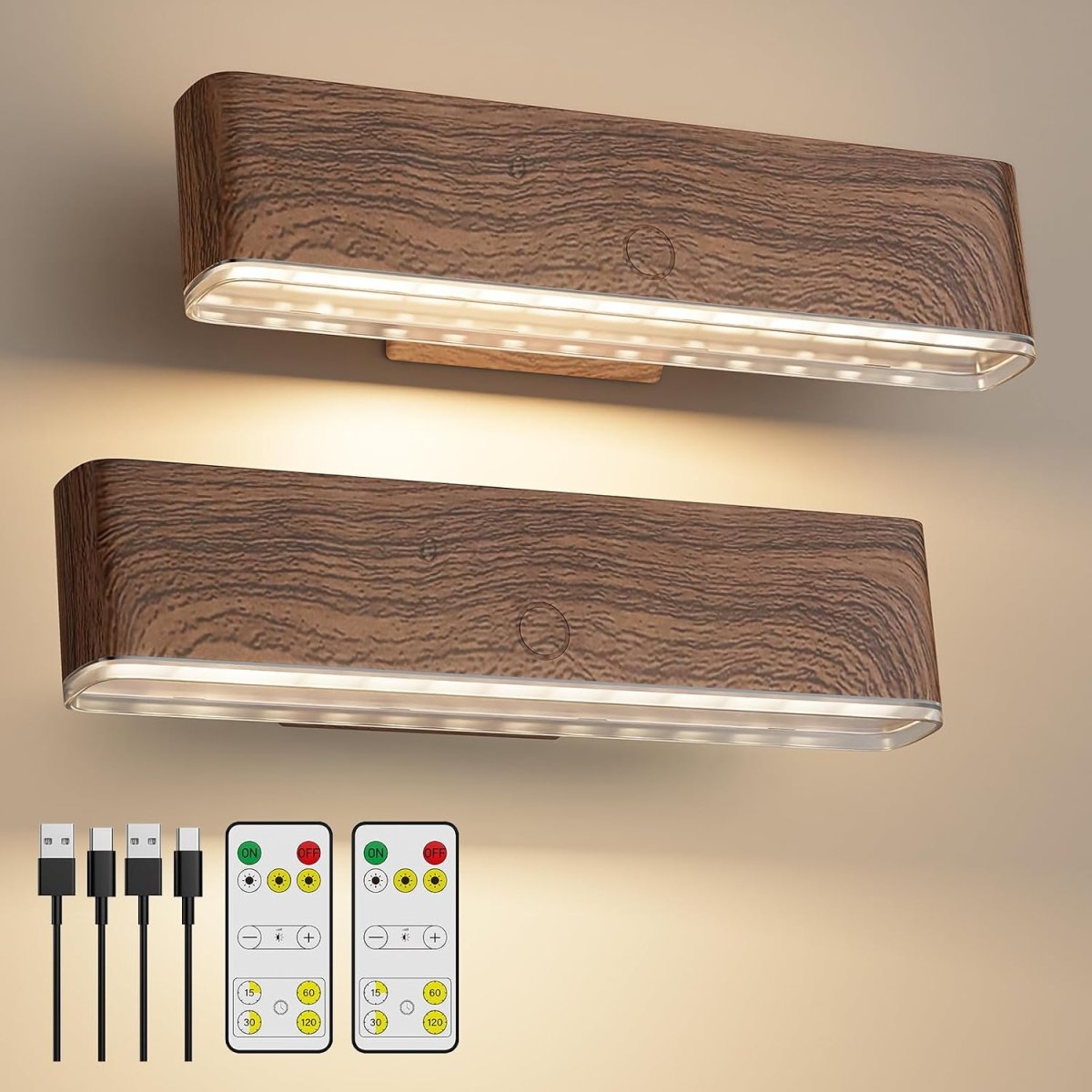 Magnetic Wireless Battery Operated Wall Sconce, Rechargeable Remote Control & Touch Control Wall Sconces Set of Two, 3-Color Temperatures LED Wall Lights, 360° Rotatable (Walnut, 2-Pack) - wall sconce - AIBOO