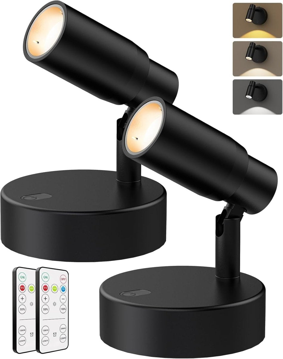 Zoomable Spot Lights Indoor, Rechargeable Picture Light with Remote, Dimmable CCT Spotlight for Wall Art, 6000mAh Uplights with Timer for Plant Artwork Painting Sofa Corner Black 2Pack - wall sconce - AIBOO