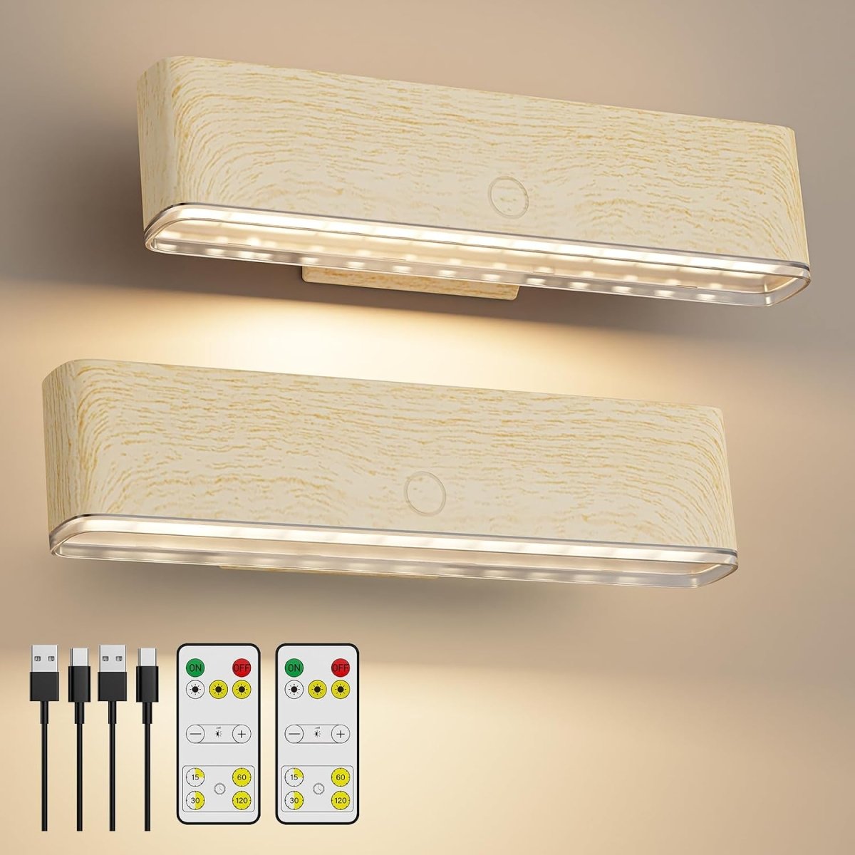 Magnetic Wireless Battery Operated Wall Sconce, Rechargeable Remote Control & Touch Control Wall Sconces Set of Two, 3-Color Temperatures LED Wall Lights, 360° Rotatable (Beech, 2-Pack) - vanity light - AIBOO