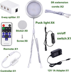 Verknüpfbare LED-Unterschrankleuchten, 12 V, schmale, dimmbare Puck-Leuchten aus Aluminium mit HF-Fernbedienung und ETL-gelistetem Netzteil für Akzent-Displaybeleuchtung (4 Lichter, Warmweiß)