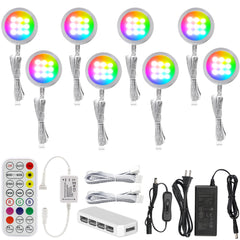 AIBOO Under Cabinet Lighting Kit, 8 Pack Dimmable RGB and CCT LED Puck Lights with Timer Function, Wireless Remote Control, Linkable Design, Ideal for Kitchen, Living Room, and Display Shelves