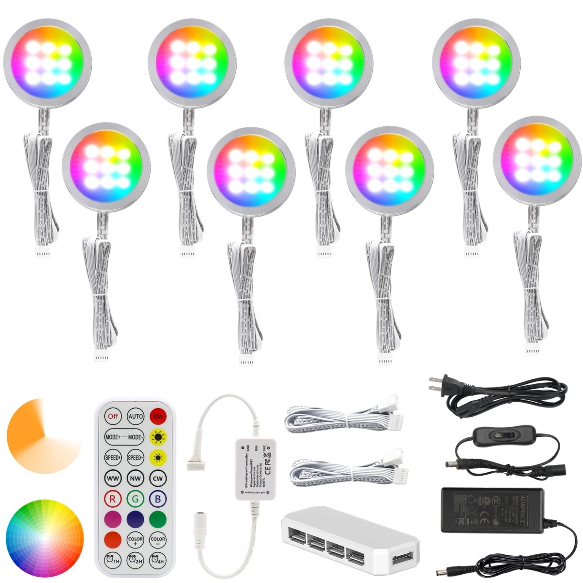 AIBOO Under Cabinet Lighting Kit, 8 Pack Dimmable RGB and CCT LED Puck Lights with Timer Function, Wireless Remote Control, Linkable Design, Ideal for Kitchen, Living Room, and Display Shelves - under cabinet lighting kit - AIBOO