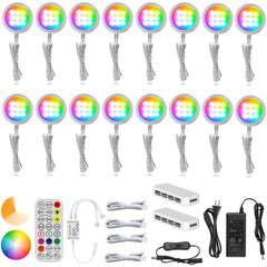 AIBOO Under Cabinet Lighting Kit, 16 Pack Dimmable RGB and CCT LED Puck Lights with Timer Function, Wireless Remote Control, Linkable Design, Ideal for Kitchen, Living Room, and Display Shelves - under cabinet lighting kit - AIBOO