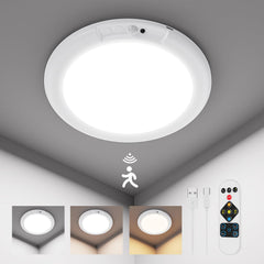 Rechargeable Motion Sensor Ceiling Light with Remote, Battery Operated Magnetic Wireless Ceiling Light, 3 Colors Dimmable Indoor Overhead LED Lights for Closet Shower Pantry Shed Hallway Porch