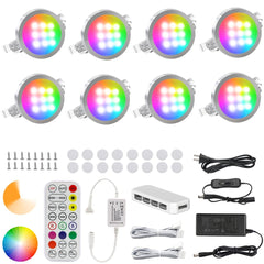 AIBOO Under Cabinet Lighting Kit, 8 Pack Dimmable RGB and CCT LED Puck Lights with Timer Function, Wireless Remote Control, Linkable Design, Ideal for Kitchen, Living Room, and Display Shelves - under cabinet lighting kit - AIBOO
