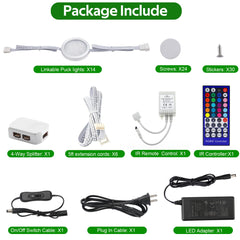 RGB+Warm OR RGB+Daylight White Color Changing Under Cabinet Lighting Kit,Under Cabinet LED Closet Lights Puck Light with IR Remote,Dimmable Under Counter Lighting for Wardrobe Kitchen Hard Wired 14 Lights
