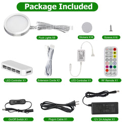 AIBOO Under Cabinet Lighting Kit, 8 Pack Dimmable RGB and CCT LED Puck Lights with Timer Function, Wireless Remote Control, Linkable Design, Ideal for Kitchen, Living Room, and Display Shelves