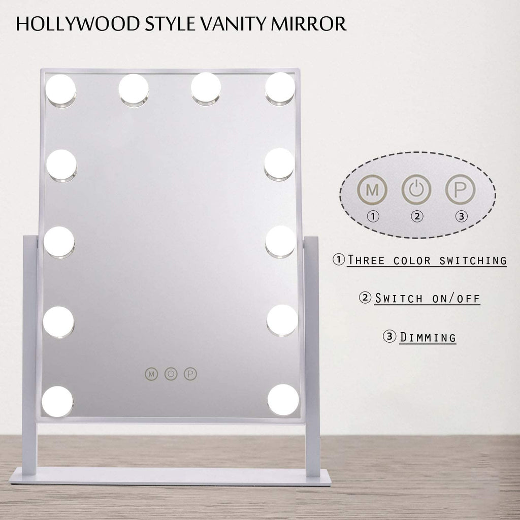 Hollywood Style Vanity Mirror with Embedded Lights, 360 Degree Rotary Cosmetic Mirror with 12 Dimmable LED Bulbs, 3 Touch Button and 3 Lighting Color Dressing Table Mirror for Makeup (White Frame)