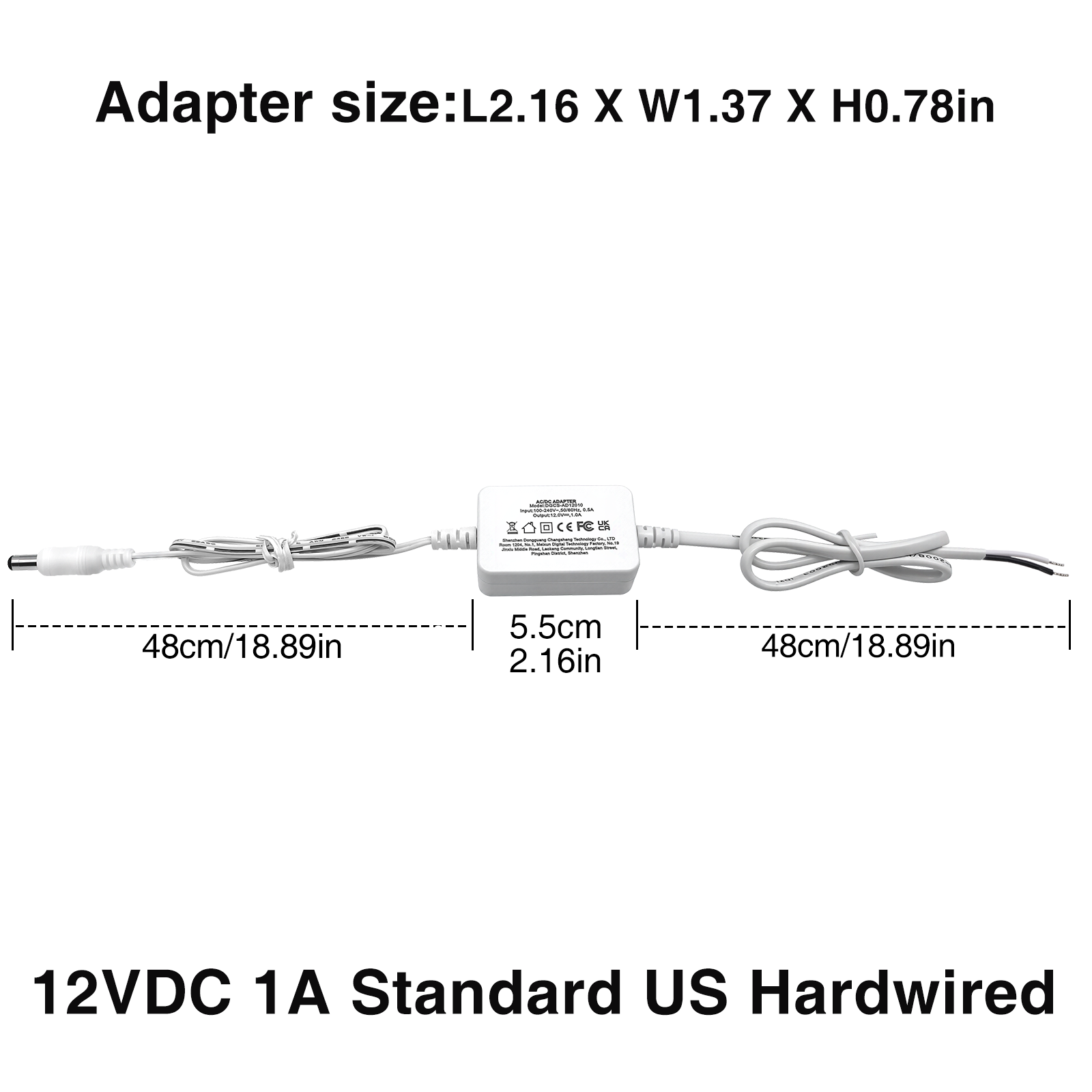 Low Voltage Power Supply, LED Transformer, 110-240VAC to 12V DC, for LED Lights. Standard US and EU Hardwired, 5.5mm x 2.1mm DC-Jack Output Connector for LED Strips, Cabinet Lights (12W 12V 1A, 24W 12V 2A)