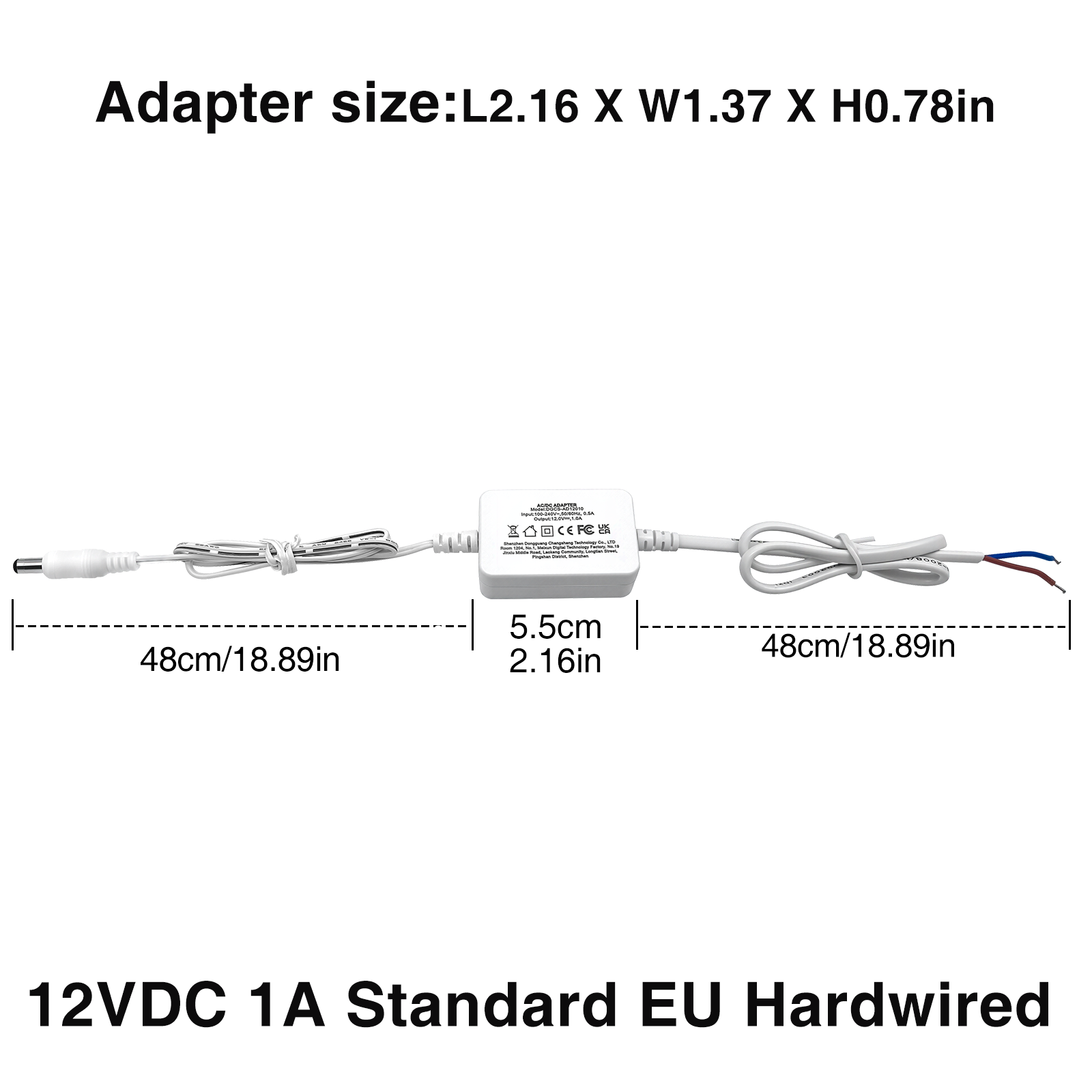 Low Voltage Power Supply, LED Transformer, 110-240VAC to 12V DC, for LED Lights. Standard US and EU Hardwired, 5.5mm x 2.1mm DC-Jack Output Connector for LED Strips, Cabinet Lights (12W 12V 1A, 24W 12V 2A)