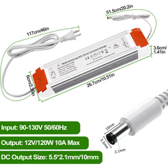 AIBOO 120W Dimmable LED Transformer, 120V AC to 12V DC Power Supply with Removable AC Cord Compatible with Dimmer Switch for LED Strip Lights, Spotlights, LED Module, LED Neon Sign