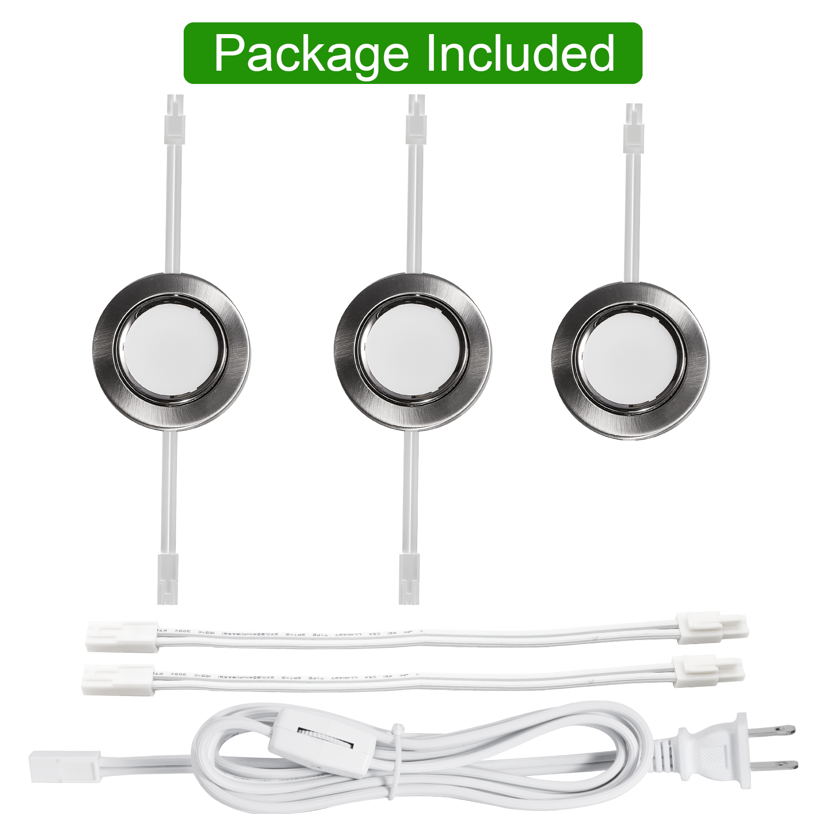 AIBOO Lot de 3 lampes pivotantes à LED avec câble 120 V et prise secteur, finition nickel satiné, éclairage sous comptoir, montage en surface pour armoire, placard, garde-robe (blanc chaud 2700 K, lot de 3) 