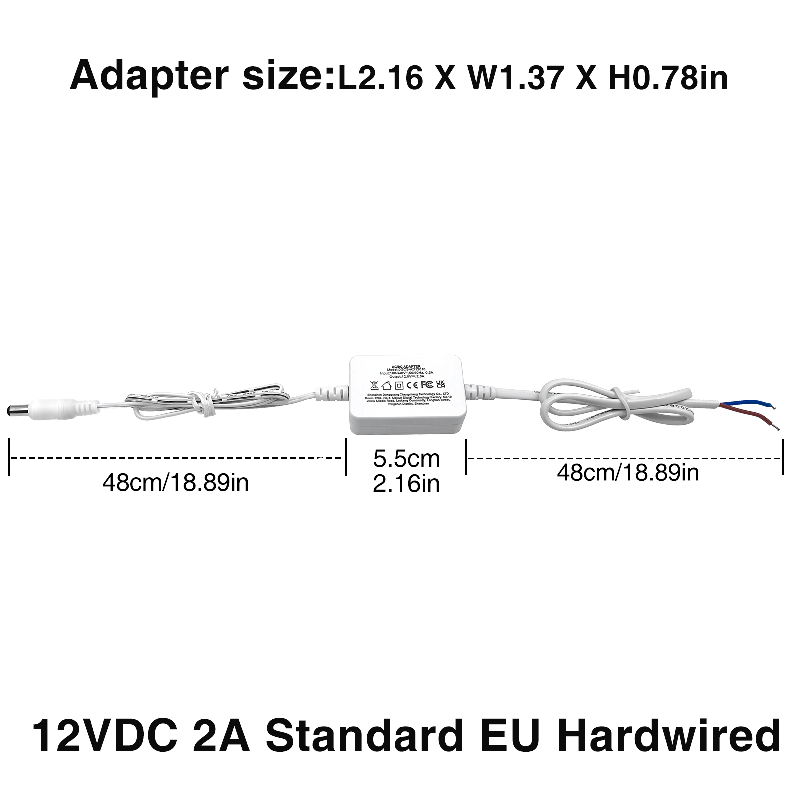 Low Voltage Power Supply, LED Transformer, 110-240VAC to 12V DC, for LED Lights. Standard US and EU Hardwired, 5.5mm x 2.1mm DC-Jack Output Connector for LED Strips, Cabinet Lights (12W 12V 1A, 24W 12V 2A)
