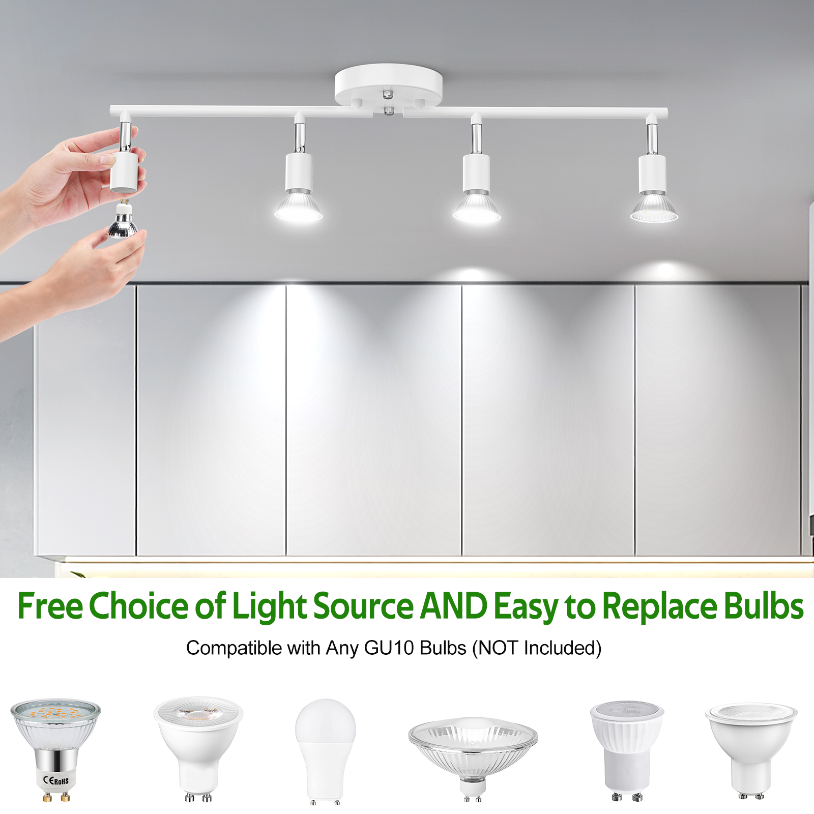 4-head LED Track Lighting Fixture, No Bulbs (GU10 Base, White)