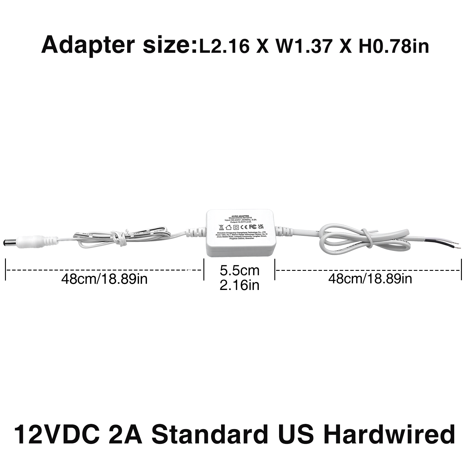 Low Voltage Power Supply, LED Transformer, 110-240VAC to 12V DC, for LED Lights. Standard US and EU Hardwired, 5.5mm x 2.1mm DC-Jack Output Connector for LED Strips, Cabinet Lights (12W 12V 1A, 24W 12V 2A)