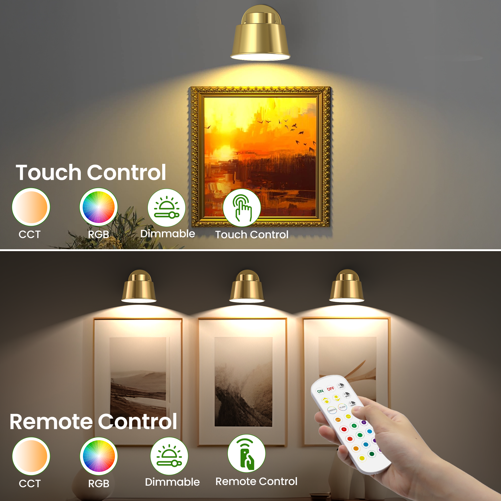 AIBOO LED Battery Operated Wall Lights with Remote, Color Changing and Dimmable Art Display Lights USB Rechargeable Wall Sconces for Bedroom, Living Room, Stairs, Gallery (Gold, 2 Pack)