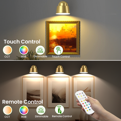 AIBOO LED Battery Operated Wall Lights with Remote, Color Changing and Dimmable Art Display Lights USB Rechargeable Wall Sconces for Bedroom, Living Room, Stairs, Gallery (Gold, 2 Pack)