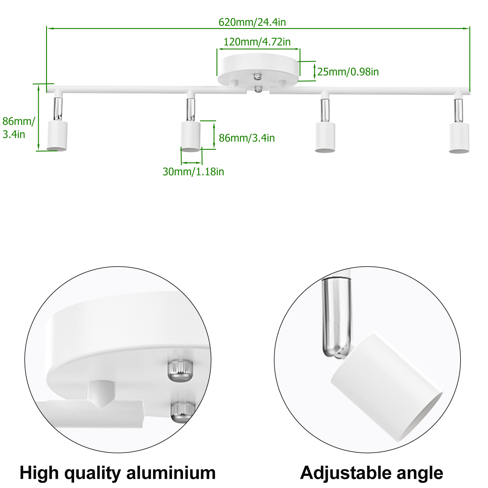 4-head LED Track Lighting Fixture, No Bulbs (GU10 Base, White)