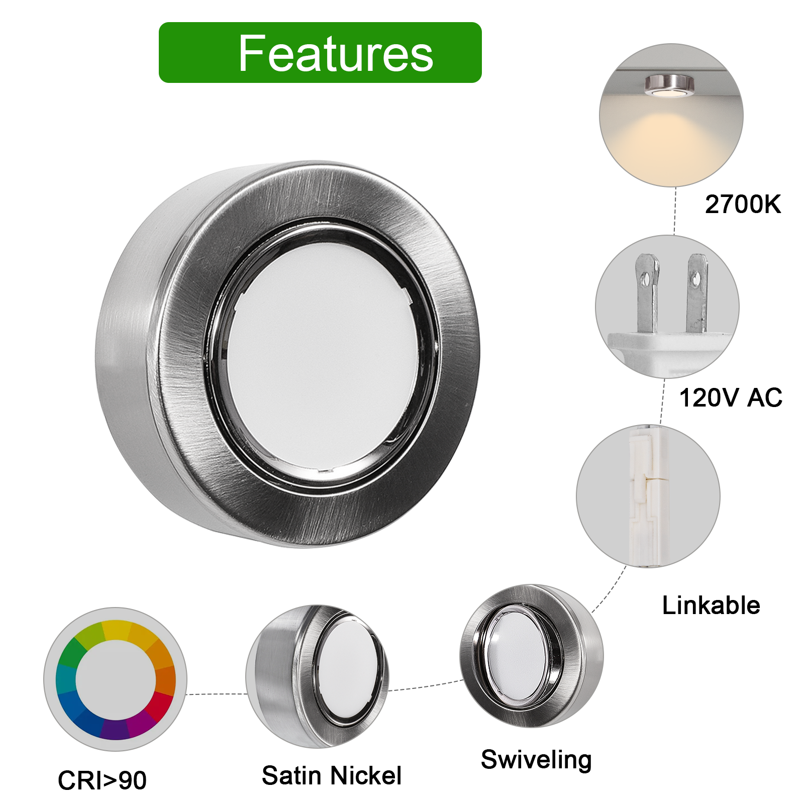 AIBOO Swivel Puck Lights, Linkable LED Puck Lights Wired 120V with Plug-in, Satin Nickel Finished Under Counter Lights Surface Mounted for Cabinet, Closet, Wardrobe (Warm White 2700K, 3 Pack)