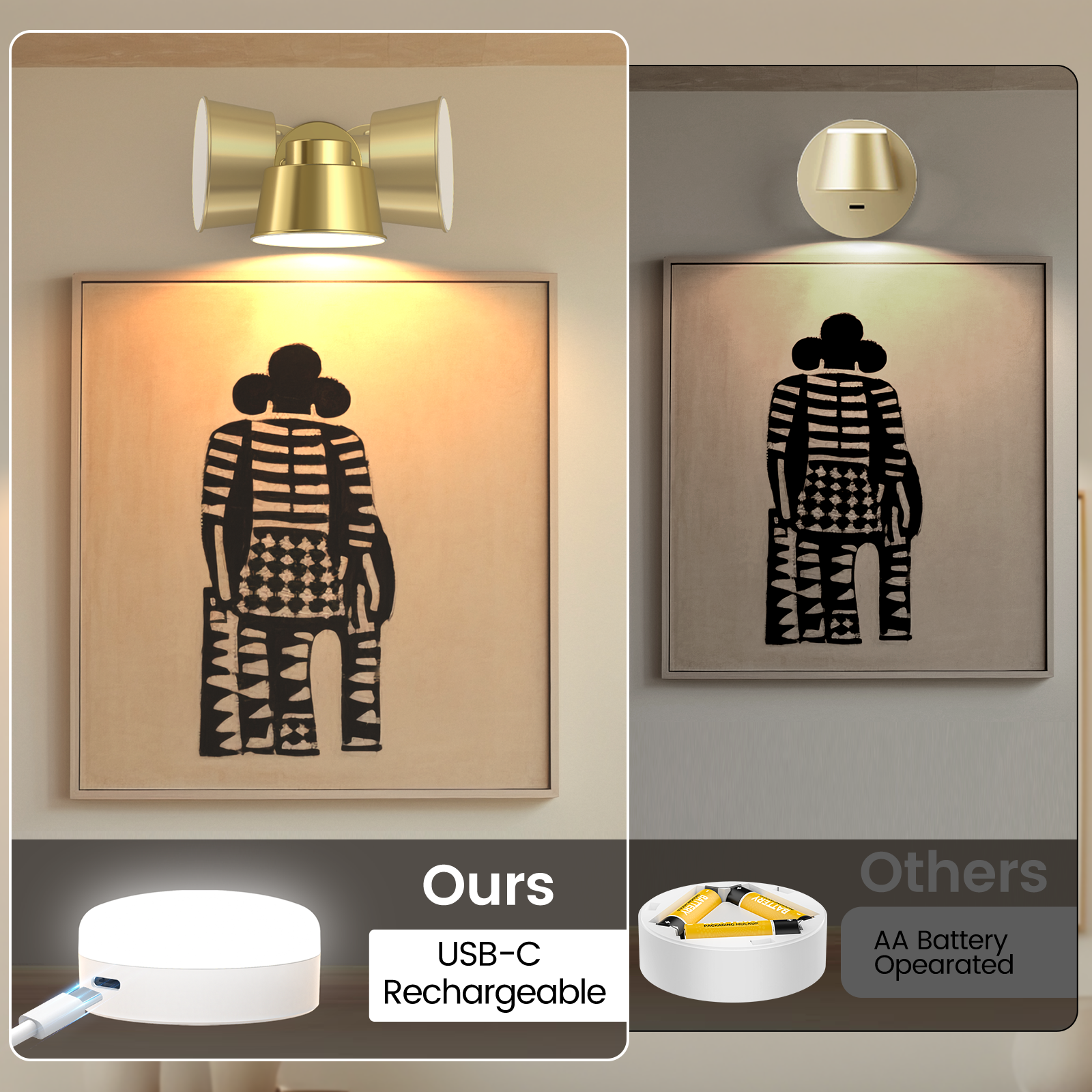 AIBOO LED Battery Operated Wall Lights with Remote, Color Changing and Dimmable Art Display Lights USB Rechargeable Wall Sconces for Bedroom, Living Room, Stairs, Gallery (Gold, 2 Pack)