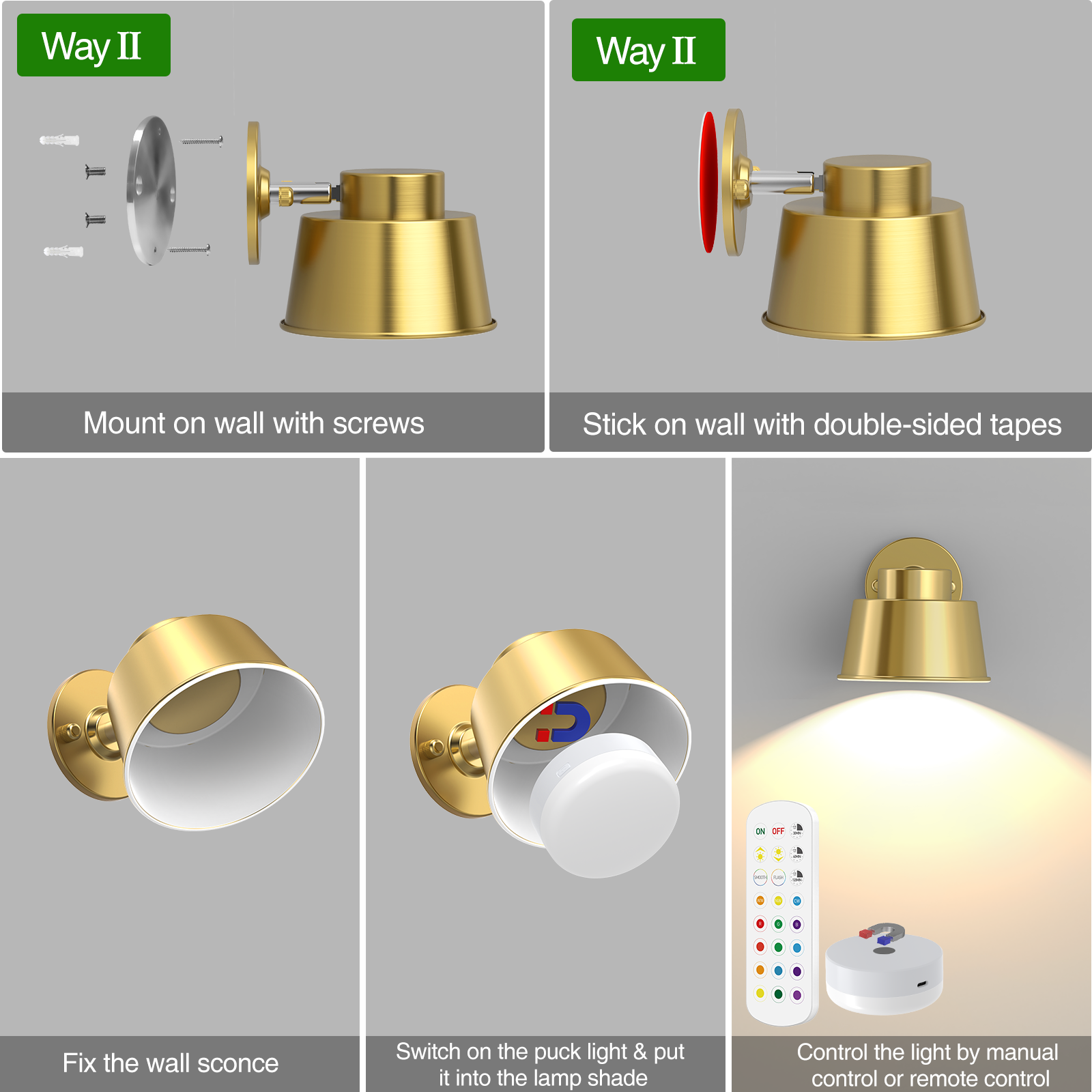 AIBOO LED Battery Operated Wall Lights with Remote, Color Changing and Dimmable Art Display Lights USB Rechargeable Wall Sconces for Bedroom, Living Room, Stairs, Gallery (Gold, 2 Pack)