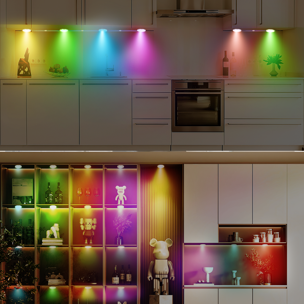Dream Color Under Cabinet Lights, AIBOO Color Changing Puck Lights Dimmable with Remote Control & APP Control, Music Sync Multicolor Under Cabinet Lighting 24V for Cabinets, Counters, Shelves(15 Pack)