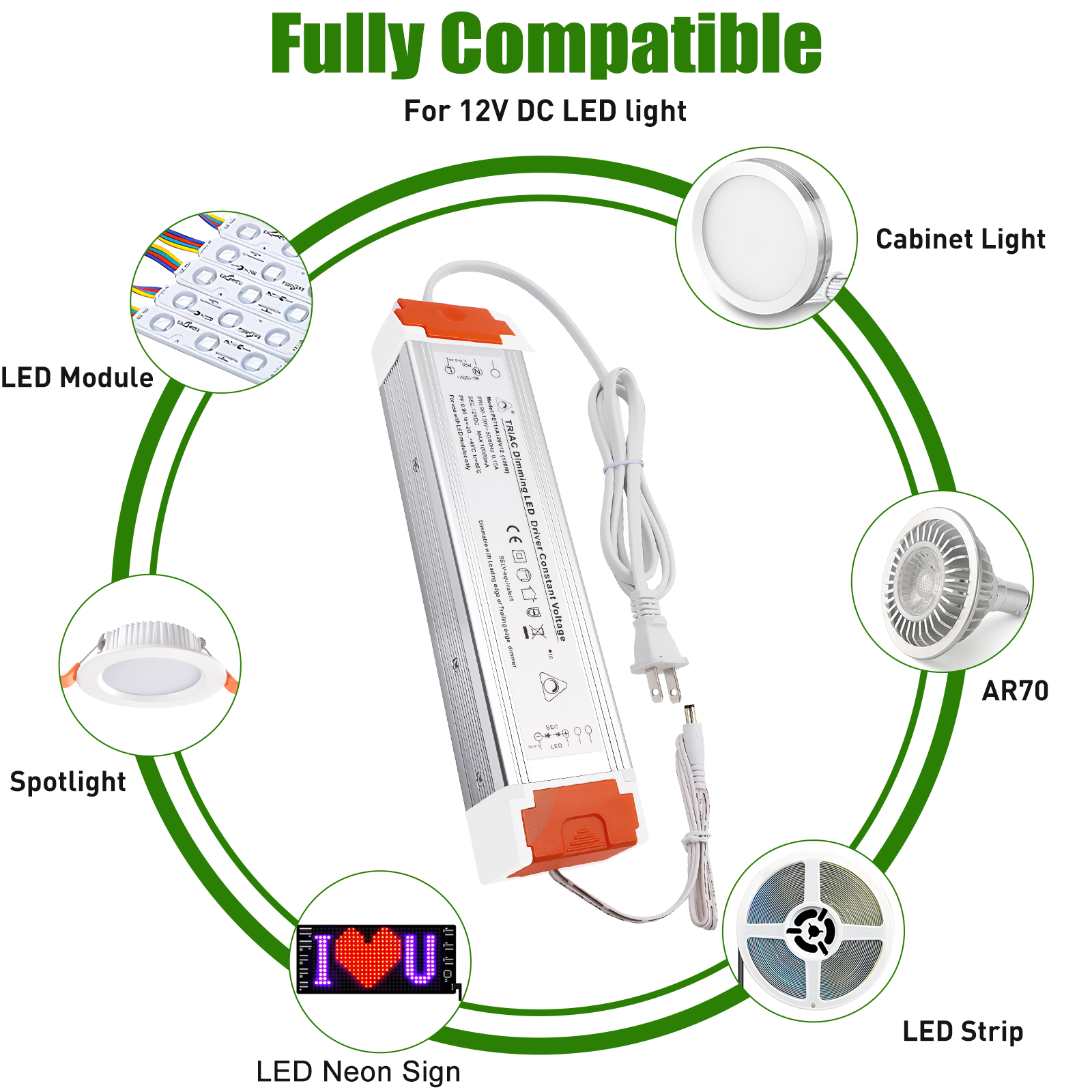 AIBOO 120W Dimmable LED Transformer, 120V AC to 12V DC Power Supply with Removable AC Cord Compatible with Dimmer Switch for LED Strip Lights, Spotlights, LED Module, LED Neon Sign