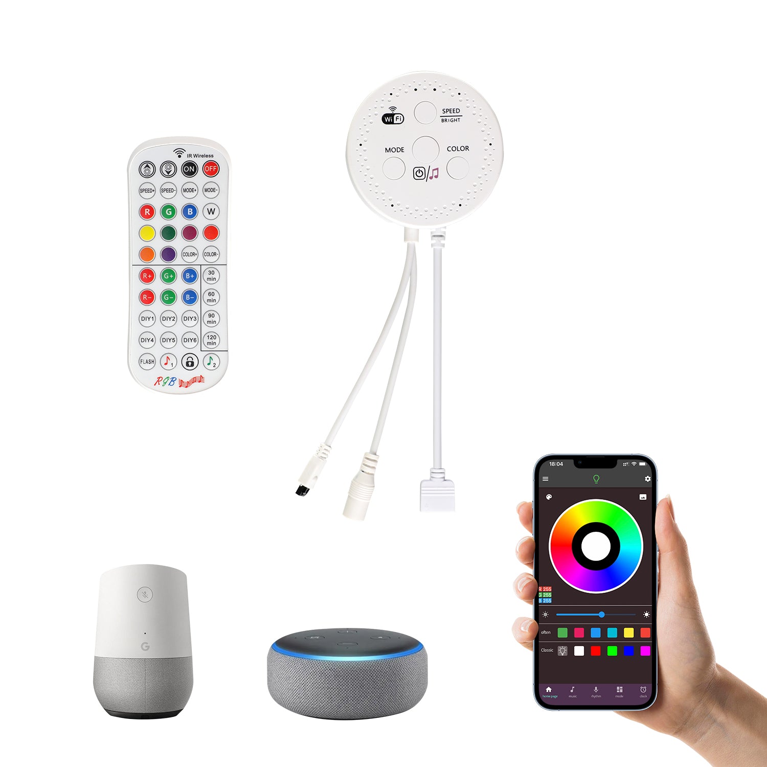 AIBOO RGB/RGBW WiFi-Controller mit Fernbedienung für RGB/RGBW LED-Pucklicht, kompatibel mit Alexa und Google Assistant