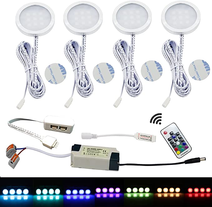 AIBOO Hardwired RGB Puck Lights 12v with RF Wireless Remote Control for Kitchen Counter Lighting