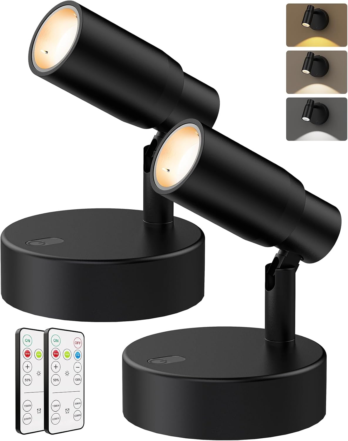Zoomable Spot Lights Indoor, Rechargeable Picture Light with Remote, Dimmable CCT Spotlight for Wall Art, 6000mAh Uplights with Timer for Plant Artwork Painting Sofa Corner Black 2Pack