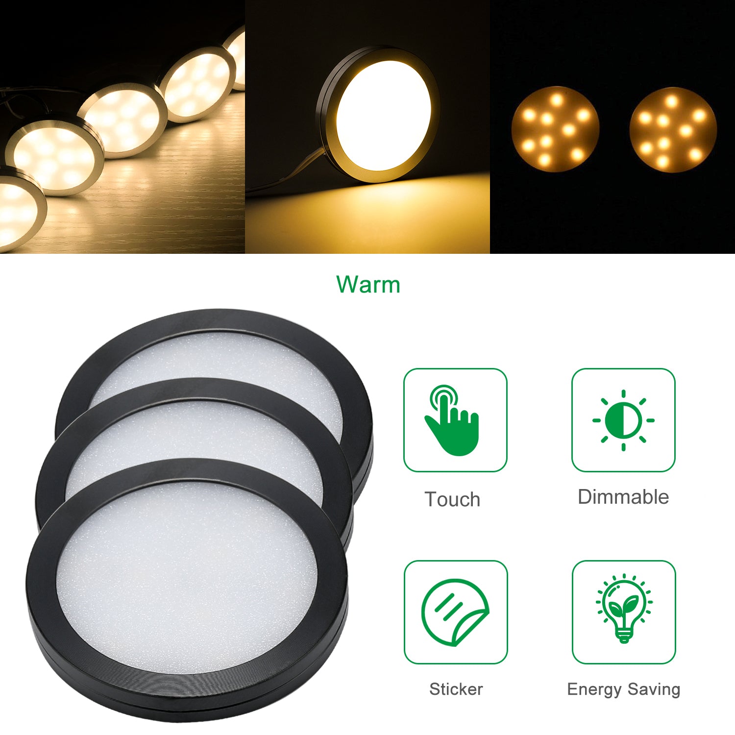 AIBOO Lampe LED noire sous armoire ronde 12 lumières de comptoir Kit d'éclairage interrupteur variateur tactile pour placard de cuisine