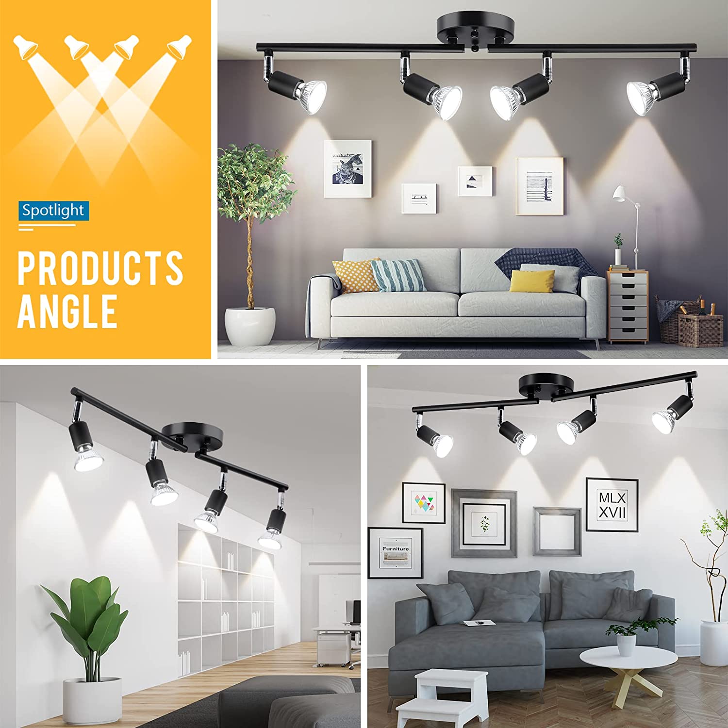 Track Lighting Kit, 4 Head Foldable Ceiling Spot Light (BLack,Bulbs Not Included)