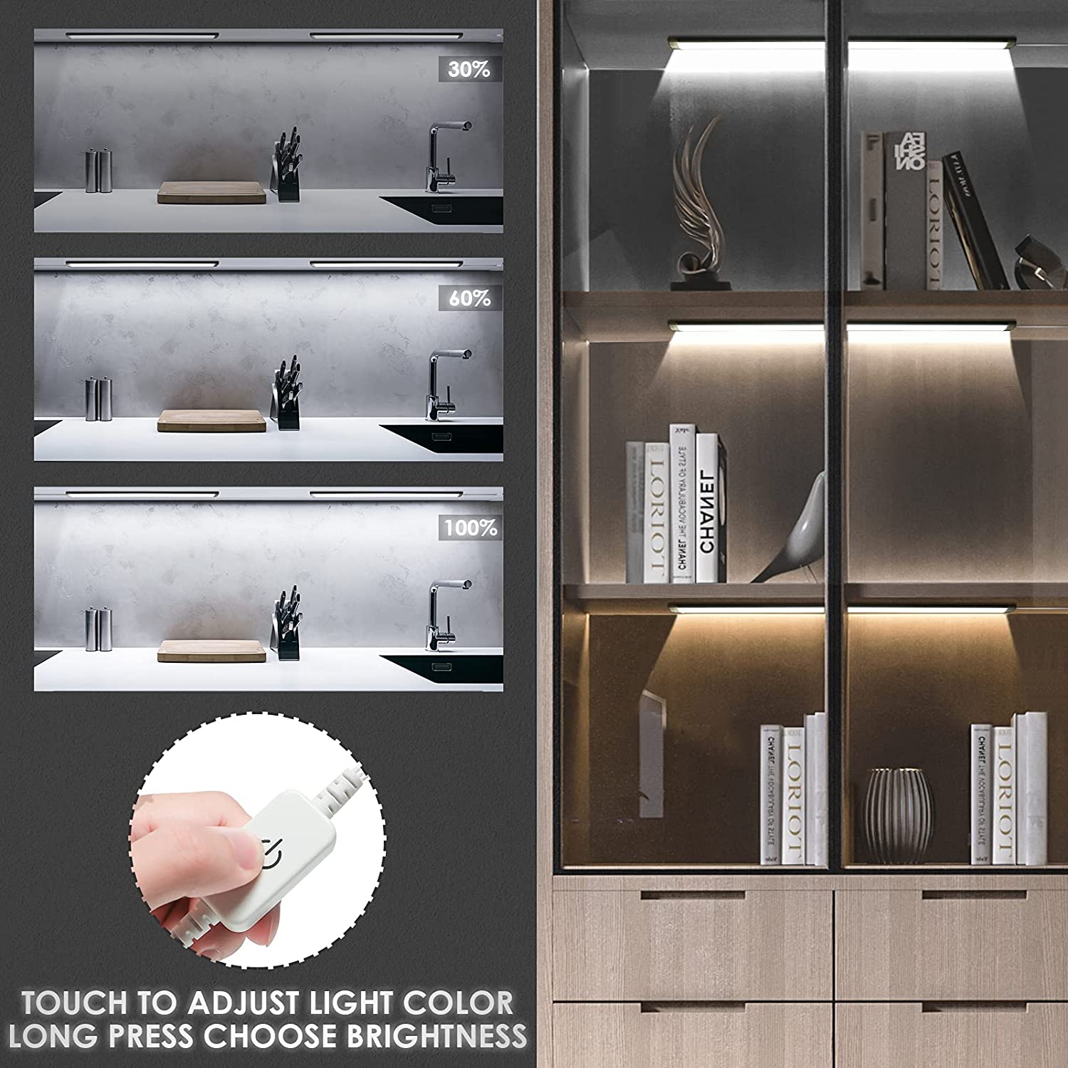 Éclairage LED sous armoire à intensité variable 3 couleurs, fonction mémoire, barre lumineuse de placard à LED HURYEE 11 pouces alimentée par USB, lumières sous comptoir pour cuisine, étagère, placard (2700K 4000K 6000K)