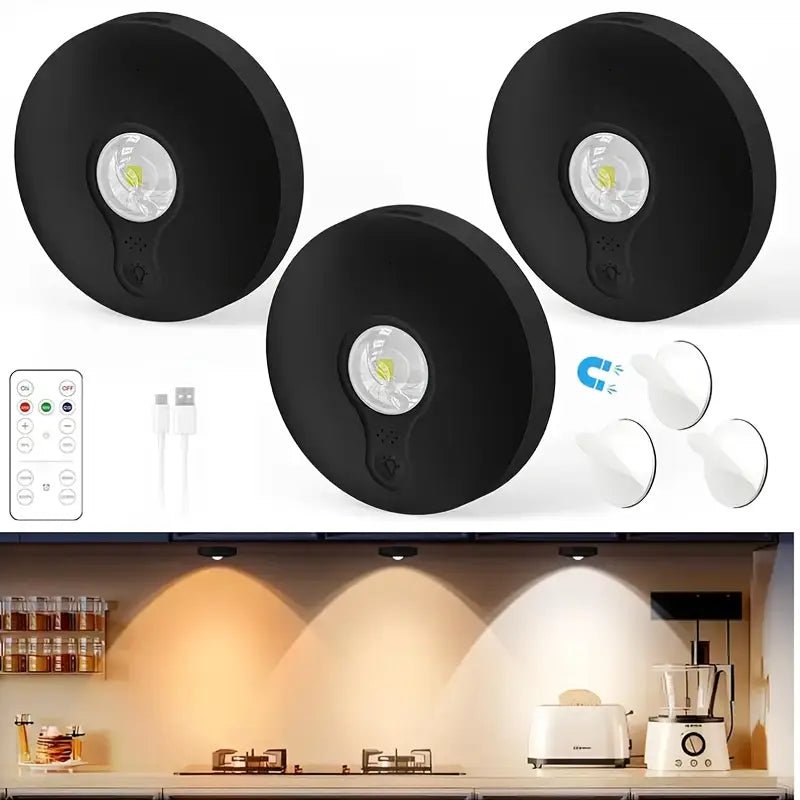 3 Light/6 Light Set, LED, Ultra-Thin 2Cm 0.7Inch, Remote Control, Lens, Rechargeable, Magnetic Installation, Cabinet Light, Display Case Light for Figurines, Black