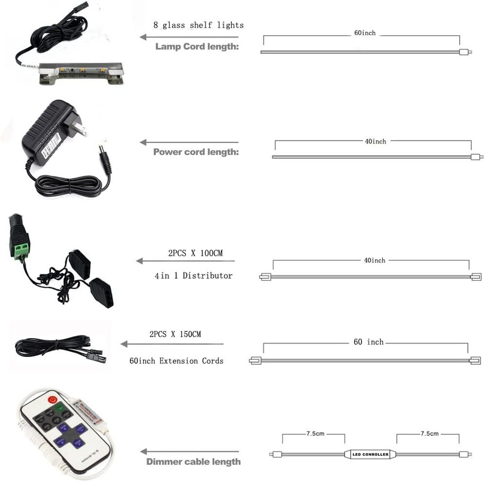 AIBOO LED Under Cabinet Showcase Lights Kit for Glass Edge Shelf Back Side Lighting Using Flexible Cable and Clip with RF Remote(8 Lights)