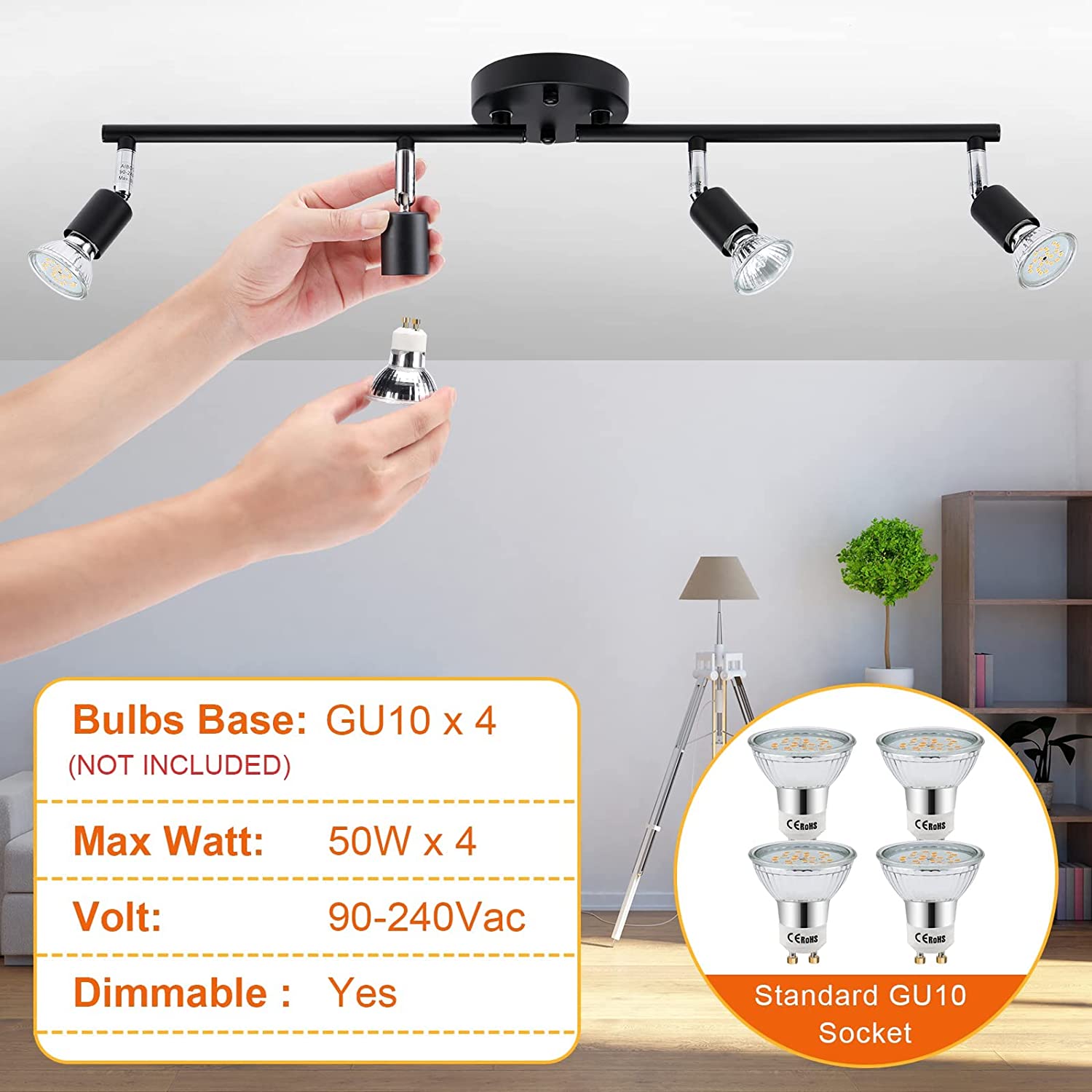 Track Lighting Kit, 4 Head Foldable Ceiling Spot Light (BLack,Bulbs Not Included)