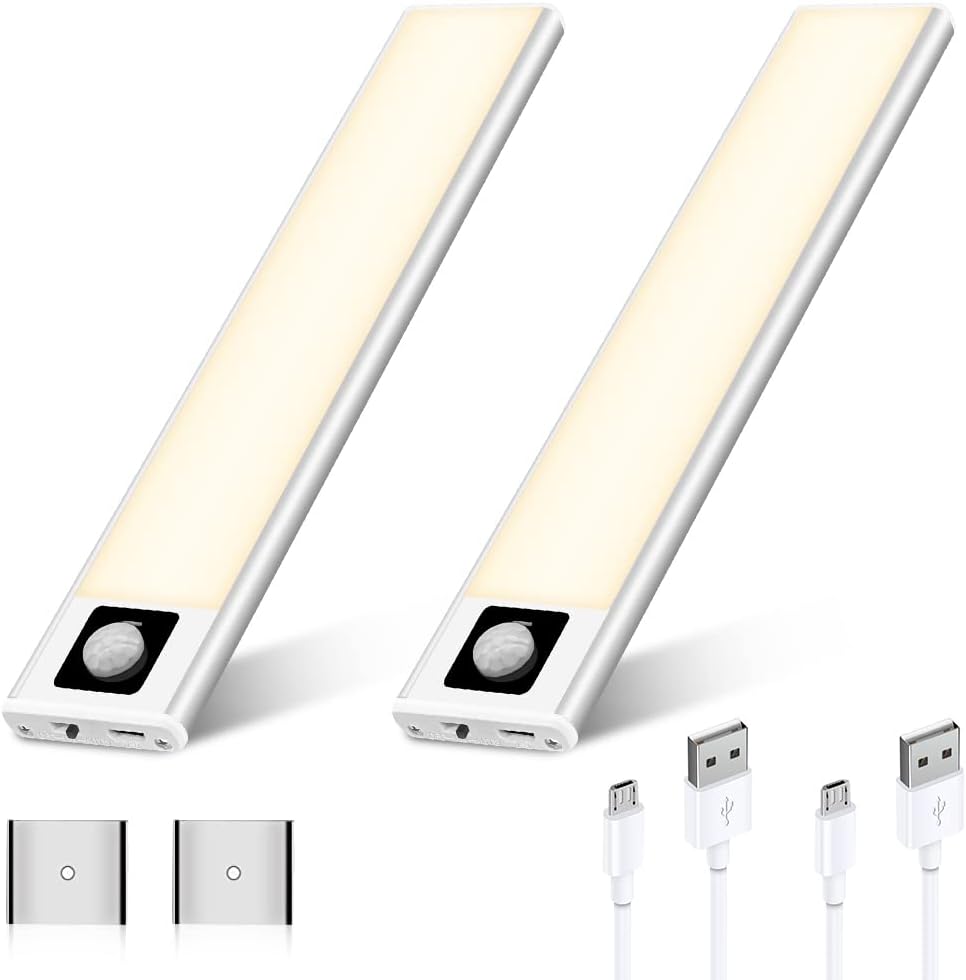 Lumières à détecteur de mouvement à LED, lumière USB sans fil rechargeable 72 LED sous les placards de cuisine avec aimant pour armoire, escaliers, placards (blanc chaud, lot de 2)