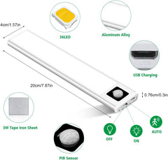 Lumières à détecteur de mouvement à LED, lumière USB sans fil rechargeable 72 LED sous les placards de cuisine avec aimant pour armoire, escaliers, placards (blanc chaud, lot de 2)