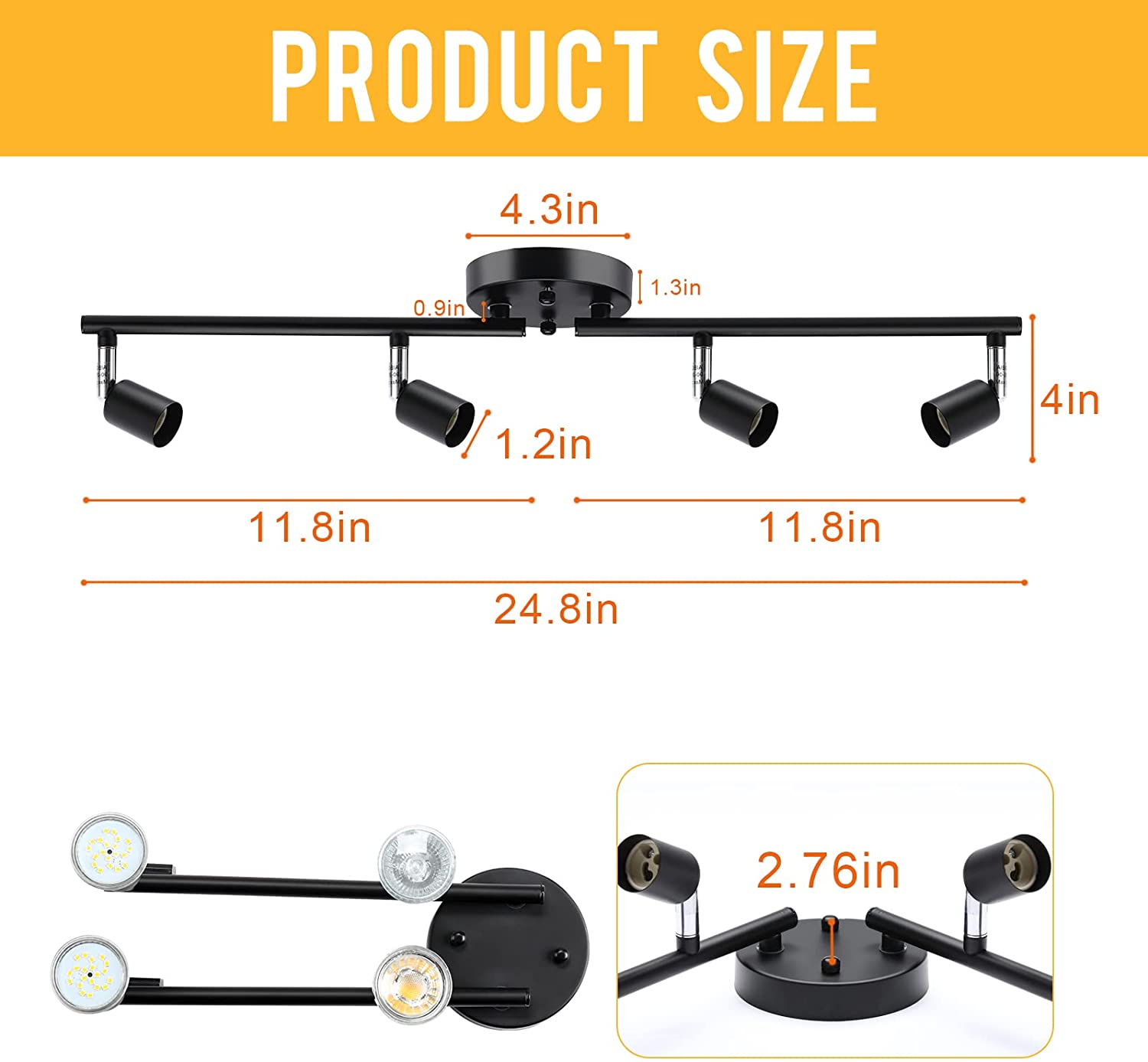 Track Lighting Kit, 4 Head Foldable Ceiling Spot Light (BLack,Bulbs Not Included)