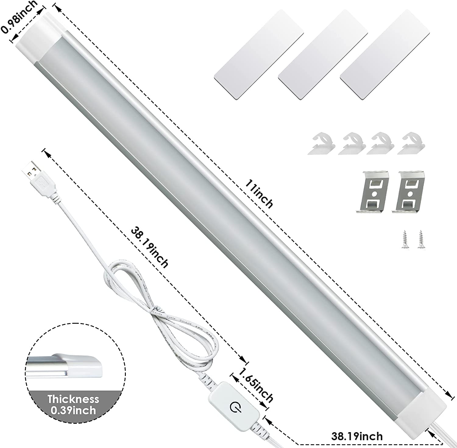 Éclairage LED sous armoire à intensité variable 3 couleurs, fonction mémoire, barre lumineuse de placard à LED HURYEE 11 pouces alimentée par USB, lumières sous comptoir pour cuisine, étagère, placard (2700K 4000K 6000K)