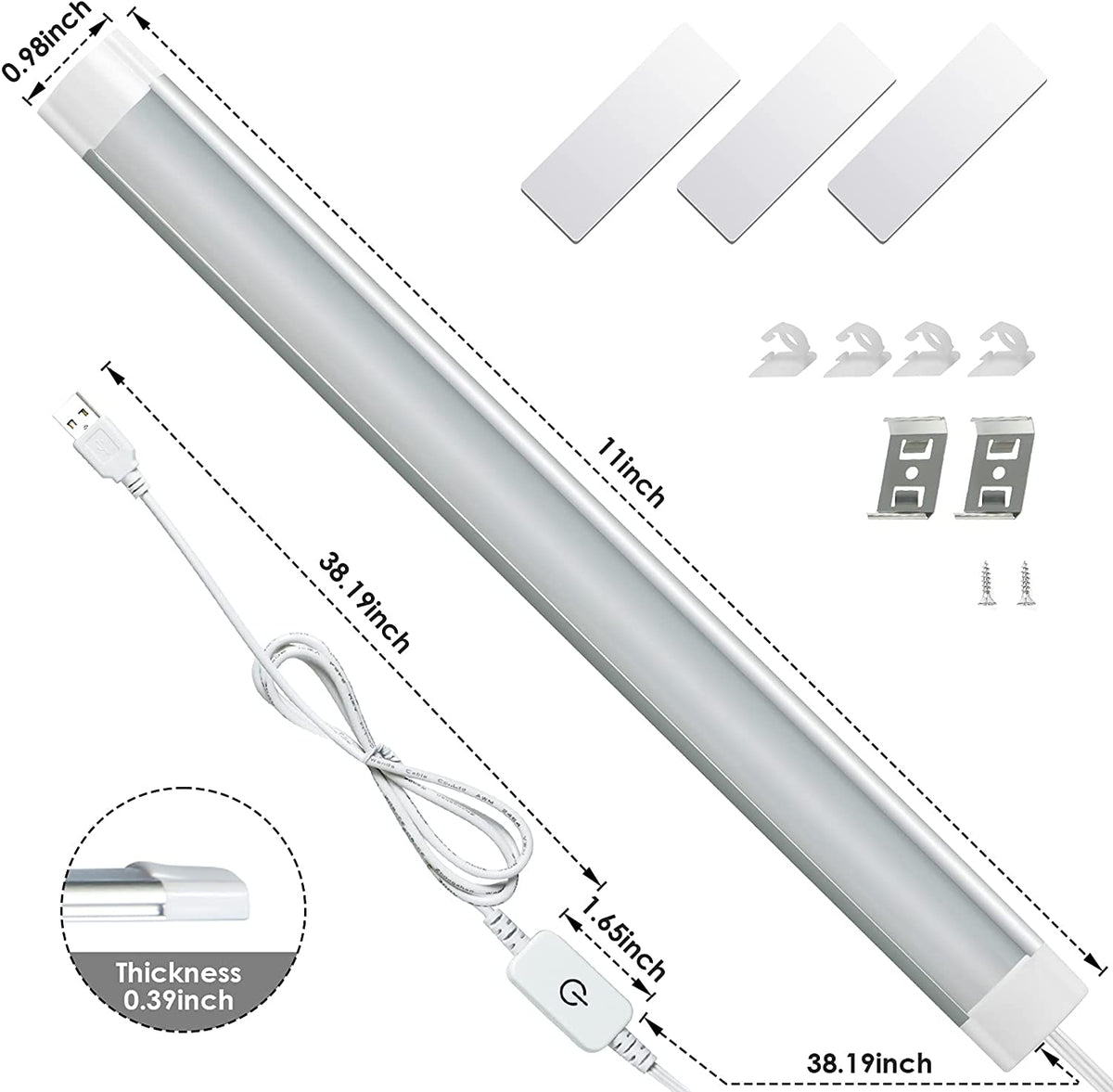 Éclairage LED sous armoire à intensité variable 3 couleurs, fonction mémoire, barre lumineuse de placard à LED HURYEE 11 pouces alimentée par USB, lumières sous comptoir pour cuisine, étagère, placard (2700K 4000K 6000K)