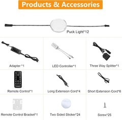 12er-Pack intelligente Unterschrankleuchten zum Einstecken, 12 V warme LED-Puck-Leuchten mit Fernbedienung und kompatibel mit Alexa, App, 3000 K dimmbare Unterbauleuchten für Küchenschränke