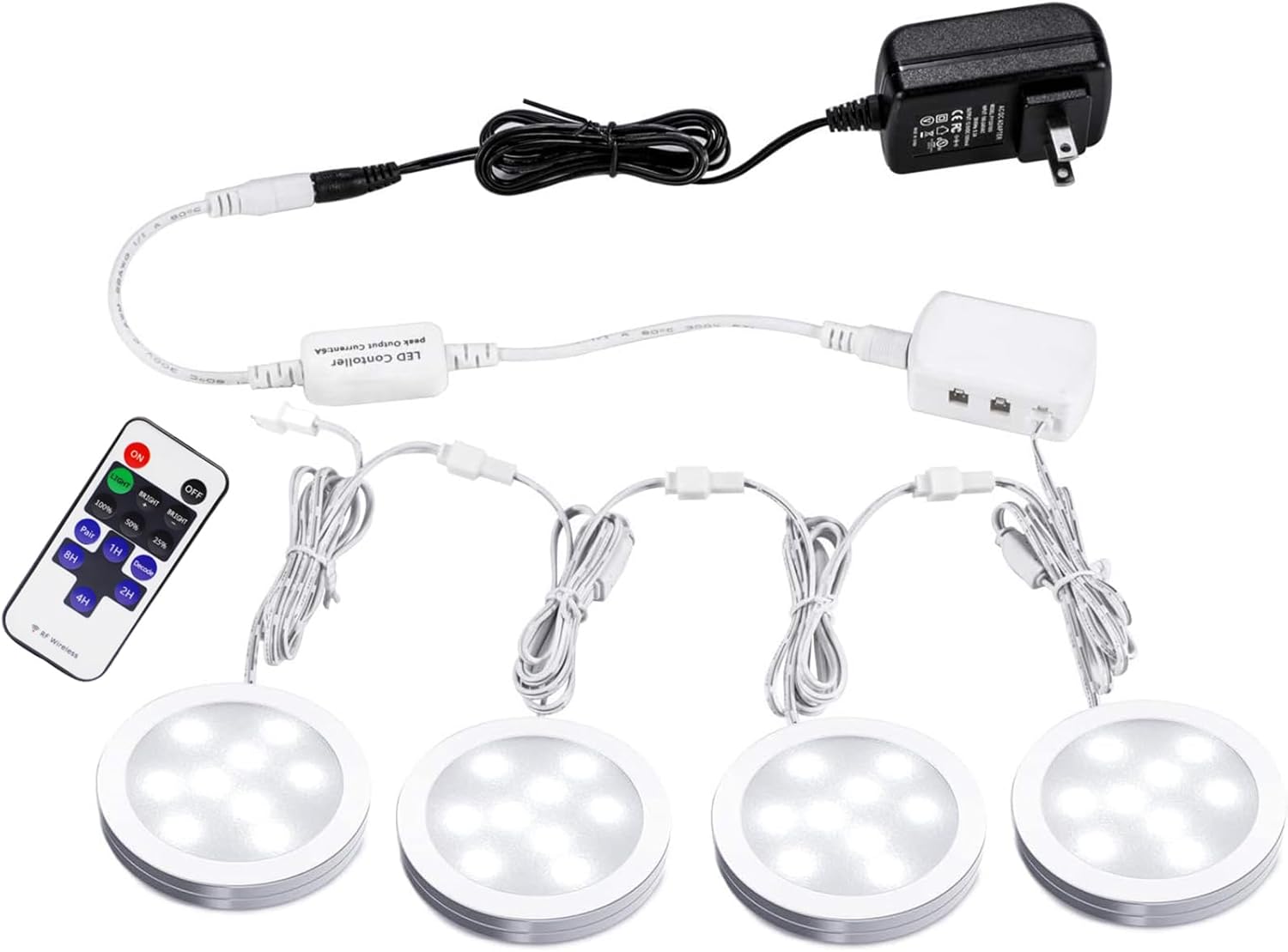 Verknüpfbare LED-Unterschrankleuchten, 12 V, schmale, dimmbare Puck-Leuchten aus Aluminium mit HF-Fernbedienung und ETL-gelistetem Netzteil für Akzent-Displaybeleuchtung (4 Lichter, Warmweiß) 