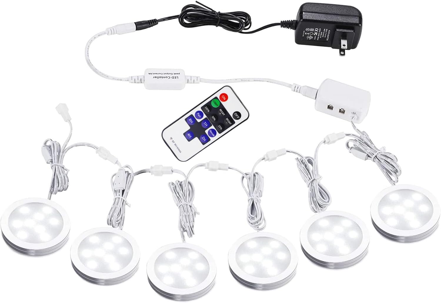 Kit d'éclairage LED sous armoire connectable 12 V Slim Dimmable LED Puck Lights avec contrôleur sans fil et prise murale homologuée UL pour éclairage sous comptoir, affichage, éclairage de bibliothèque (6 pièces, 6000 K)