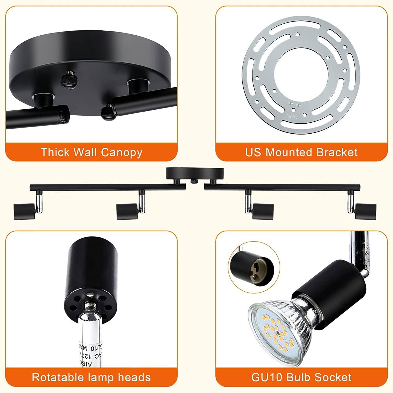 Track Lighting Kit, 4 Head Foldable Ceiling Spot Light (BLack,Bulbs Not Included)