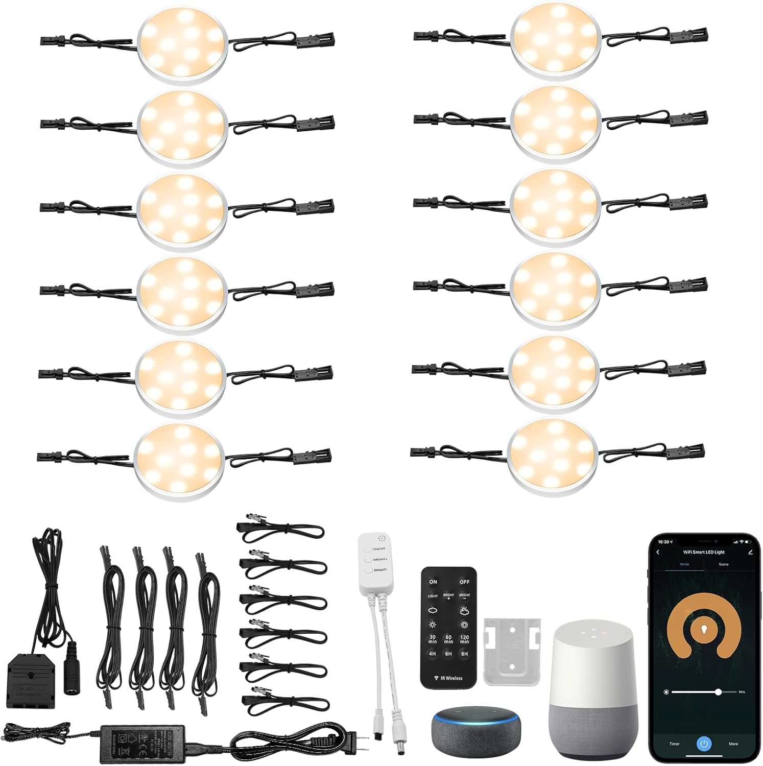 12er-Pack intelligente Unterschrankleuchten zum Einstecken, 12 V warme LED-Puck-Leuchten mit Fernbedienung und kompatibel mit Alexa, App, 3000 K dimmbare Unterbauleuchten für Küchenschränke