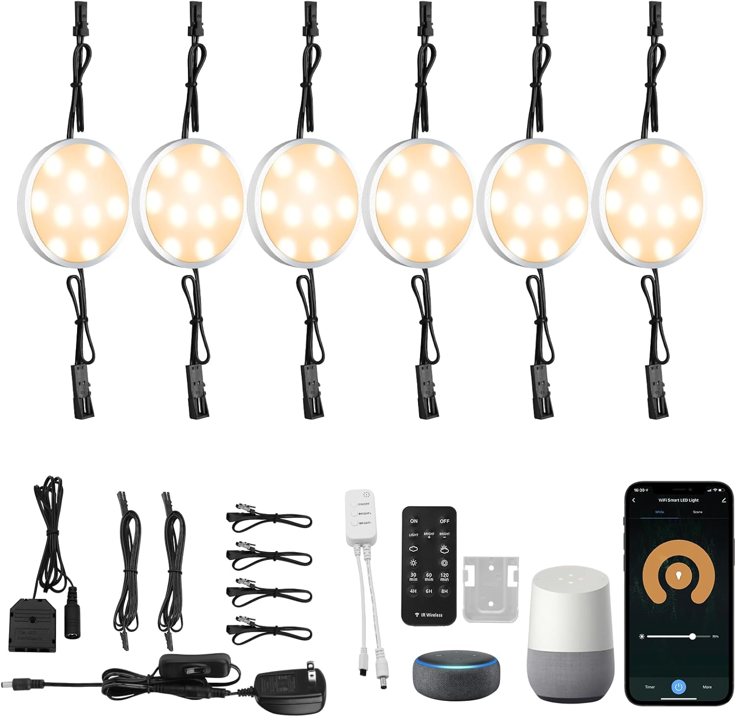 Lot de 6 rondelles lumineuses LED connectables, éclairages intelligents sous les armoires, éclairages LED à intensité variable avec télécommande Alexa APP pour luminaires de comptoir de cuisine (3000 K, blanc chaud)