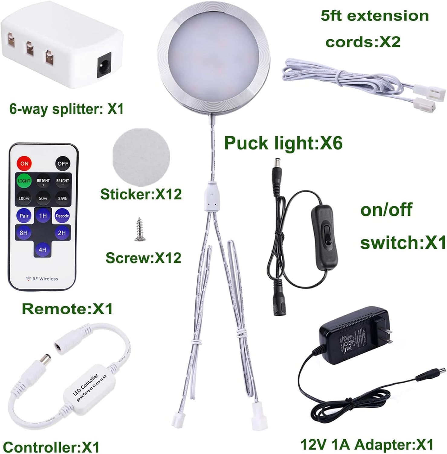 Kit d'éclairage LED sous armoire connectable 12 V Slim Dimmable LED Puck Lights avec contrôleur sans fil et prise murale homologuée UL pour éclairage sous comptoir, affichage, éclairage de bibliothèque (6 pièces, 6000 K)